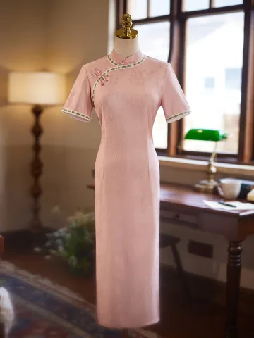 Chinese Style Blushing Pink Evening Party Cheongsam 2025 Trumpet Mermaid High Neck Short Sleeve Tea Length