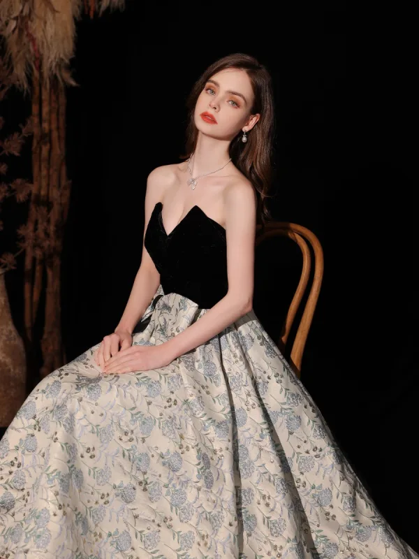 Charming Black Floral Evening Dresses 2022 A-Line / Princess Strapless Sleeveless Bow Backless Floor-Length / Long Evening Party Formal Dresses