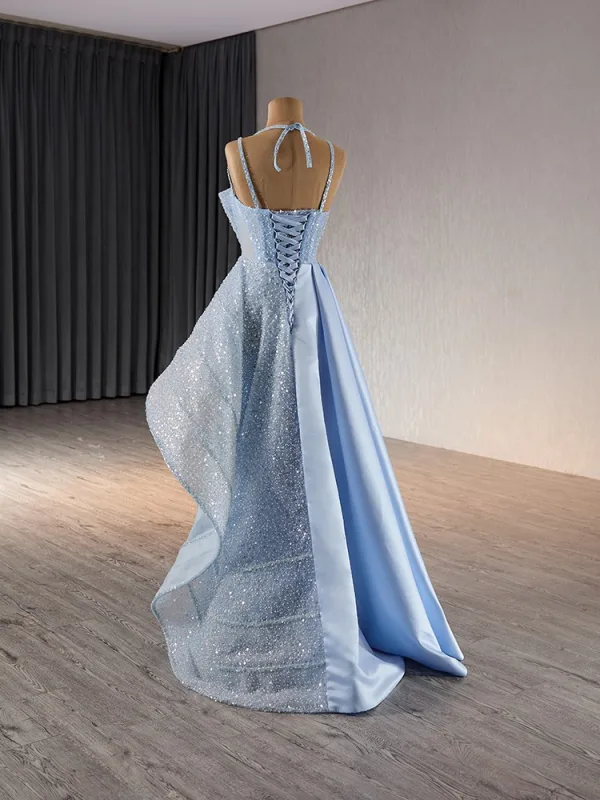 Fashion Sky Blue Beading Pearl Sequins Cascading Ruffles Prom Dresses 2024 Ball Gown Spaghetti Straps Sleeveless Backless Floor-Length / Long Prom Formal Dresses