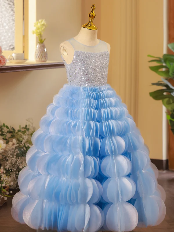 Fashion Sky Blue Sequins Cascading Ruffles Birthday Flower Girl Dresses 2023 Ball Gown Scoop Neck Sleeveless Backless Floor-Length / Long