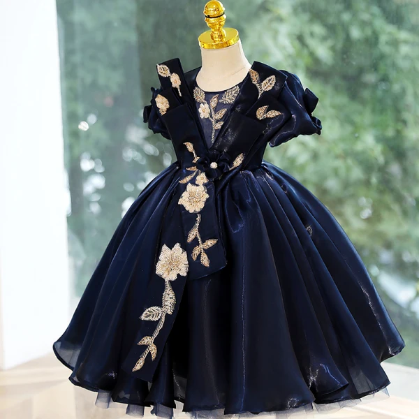 Chic / Beautiful Navy Blue Beading Sequins Birthday Flower Girl Dresses 2023 Ball Gown Scoop Neck Puffy Short Sleeve Backless Floor-Length / Long Flower Girl Dresses