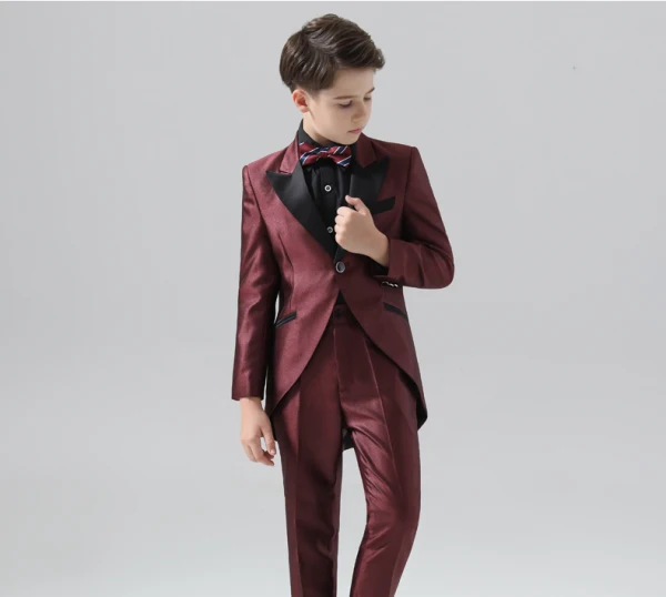 Burgundy 4-piece Long Sleeve Wedding Boys Wedding Suits 2024 Coat Pants Shirt Tie