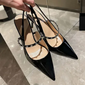 Mode Noire Été Soirée Sandales Femme 2022 Faux Diamant 9 Cm Talons Aiguilles À Bout Pointu Sandales Talons Hauts