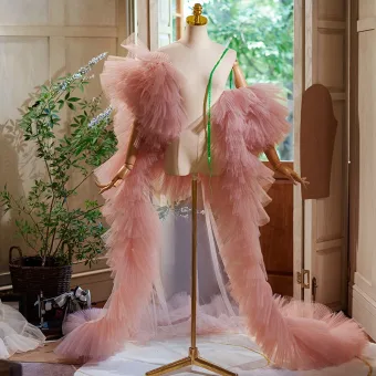 Moda Rosa Clara Hecho A Mano Tul Plisado Chal Chaquetas Abrigos 2024