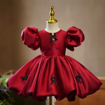 Chic Beautiful Burgundy Satin Bow Short Birthday Flower Girl Dresses 2023 Ball Gown Scoop Neck Puffy Short Sleeve
