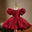 Chic / Beautiful Burgundy Satin Bow Short Birthday Flower Girl Dresses 2023 Ball Gown Scoop Neck Puffy Short Sleeve