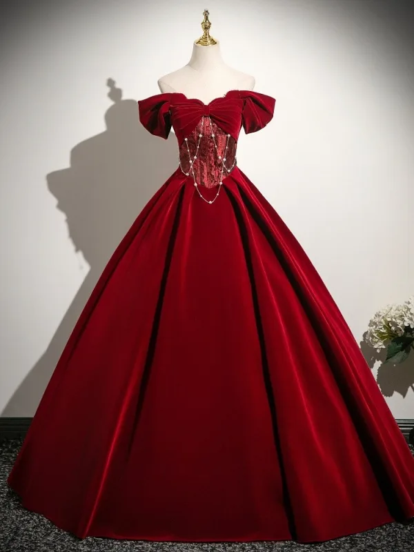 Elegant Burgundy Pearl Velvet Prom Dresses 2025 A-Line / Princess Off-The-Shoulder Short Sleeve Backless Floor-Length / Long Prom Formal Dresses