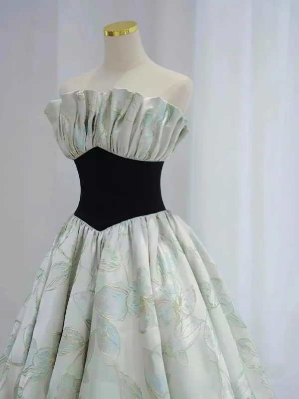 Chic / Beautiful Sage Green Printing Satin Prom Dresses 2023 A-Line / Princess Strapless Sleeveless Backless Floor-Length / Long Prom Formal Dresses