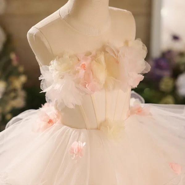 Lovely White Cascading Ruffles Appliques Birthday Flower Girl Dresses 2025 Ball Gown Scoop Neck Sleeveless Backless Floor-Length / Long