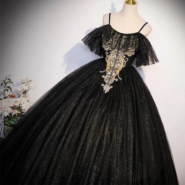 Bling Bling Noire Paillettes Robe De Bal 2023 Robe Boule Bretelles Spaghetti Manches Courtes Dos Nu Longue Promo Robe De Ceremonie