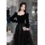 Élégant Noire Paillettes Robe De Bal 2022 Princesse Perle Encolure Carrée Manches Longues Dos Nu Longue Robe De Ceremonie