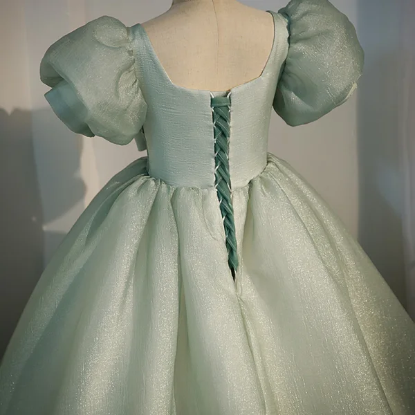 Chic / Beautiful Sage Green Sequins Birthday Flower Girl Dresses 2022 Ball Gown Square Neckline Bow Puffy Short Sleeve Backless Floor-Length / Long Flower Girl Dresses