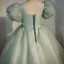 Chic / Beautiful Sage Green Sequins Birthday Flower Girl Dresses 2022 Ball Gown Square Neckline Bow Puffy Short Sleeve Backless Floor-Length / Long Flower Girl Dresses