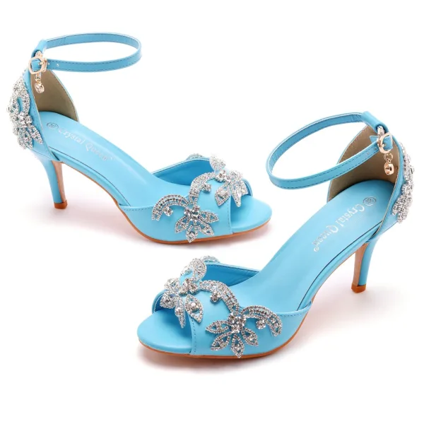 Charming Gold Rhinestone Wedding Shoes 2023 Ankle Strap 7 cm Stiletto Heels Open / Peep Toe Wedding Sandals High Heels