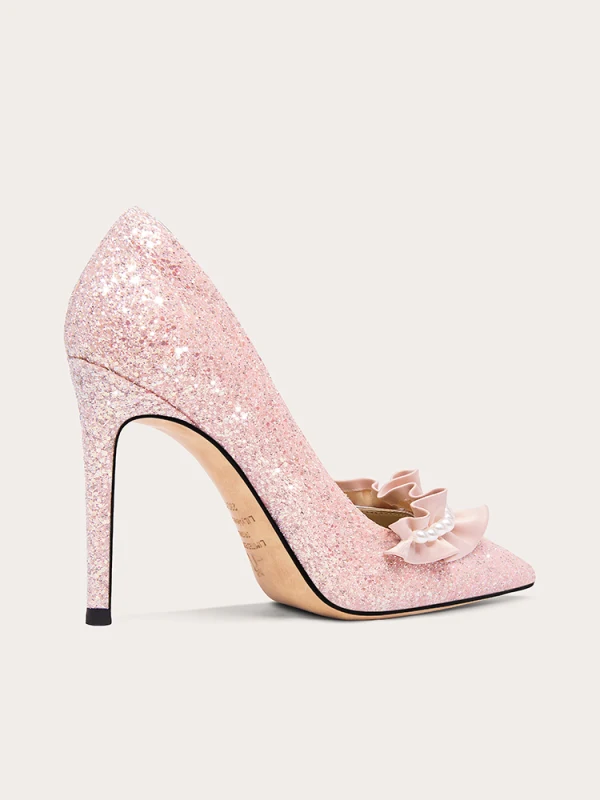 Charmant Perle Pailletten Leder Pink Brautschuhe 2024 10 cm Stilettos Spitzschuh Hochzeit Pumps Hochhackige