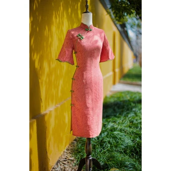 Chinese Style Watermelon Tea Length Prom Cheongsam 2024 Trumpet Mermaid High Neck Bell Sleeves