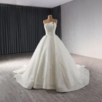 Haut De Gamme Blanche Fait Main Perlage Paillettes Appliques Robe De Mariée 2024 Robe Boule Bustier Sans Manches Dos Nu Royal Train Mariage