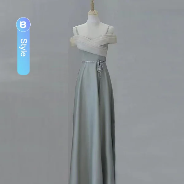 Modest / Simple Grey Satin Bridesmaid Dresses 2022 A-Line / Princess Spaghetti Straps Short Sleeve Pearl Sash Backless Tea-length Bridesmaid Dresses