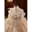 Scintillantes Champagne Perlage Faux Diamant En Dentelle Fleur Volants en Cascade Robe Ceremonie Fille 2024 Robe Boule Anniversaire Encolure Dégagée Manches Courtes Dos Nu Longue