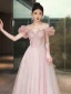Chic / Beautiful Blushing Pink Beading Appliques Prom Dresses 2024 A-Line / Princess Off-The-Shoulder Short Sleeve Backless Floor-Length / Long Prom Formal Dresses