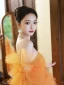 Charming Orange Pleated Evening Dresses 2023 A-Line / Princess Off-The-Shoulder Short Sleeve Backless Sweep Train Evening Party Formal Dresses