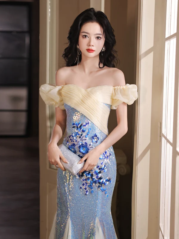 Charmant Bleu Ciel Paillettes En Dentelle Fleur Robe De Soirée 2024 Trompette / Sirène De l'épaule Manches Courtes Dos Nu Longue Soirée Robe De Ceremonie