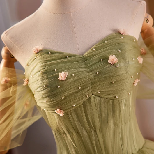 Modest / Simple Sage Green Appliques Prom Dresses 2024 Ball Gown Off-The-Shoulder Short Sleeve Backless Sweep Train Prom Formal Dresses