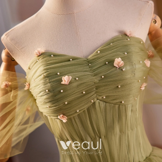 Modest Simple Sage Green Appliques Prom Dresses 2024 Ball Gown Off-The-Shoulder Short