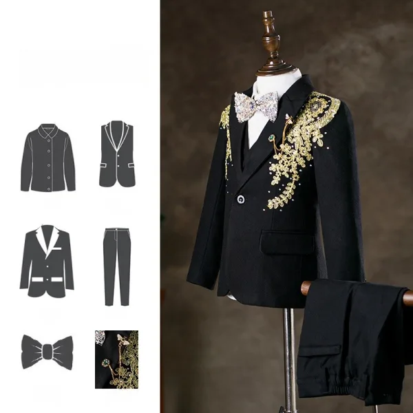 Fashion Black 6-piece Rhinestone Lace Flower Boys Wedding Suits 2025 Long Sleeve Body Jewellery Coat Pants Shirt Tie Vest