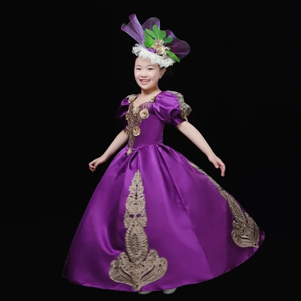 Vintage / Retro Medieval Black Flower Girl Dresses 2024 3D Lace Floral V-Neck Short Sleeve Floor-Length / Long A-Line / Princess Cosplay Prom Wedding Party Dresses