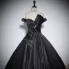 Elegant Black Satin Prom Dresses 2023 Ball Gown Off-The-Shoulder Bow Sleeveless Backless Floor-Length / Long Prom Formal Dresses