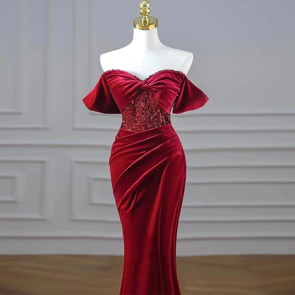 Charming Burgundy Beading Sequins Suede Evening Dresses 2023 Trumpet / Mermaid Velour Off-The-Shoulder Short Sleeve Backless Floor-Length / Long Evening Party Formal Dresses