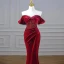 Charming Burgundy Beading Sequins Suede Evening Dresses 2023 Trumpet / Mermaid Velour Off-The-Shoulder Short Sleeve Backless Floor-Length / Long Evening Party Formal Dresses