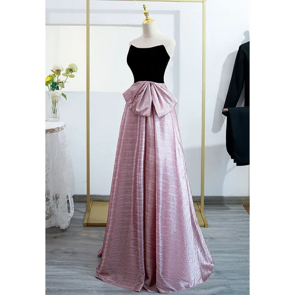 Chic / Beautiful Candy Pink Prom Dresses 2022 A-Line / Princess Strapless Sleeveless Backless Bow Floor-Length / Long Formal Dresses