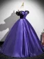Vintage / Retro Purple Split Front Satin Prom Dresses 2025 Ball Gown Off-The-Shoulder Short Sleeve Backless Floor-Length / Long Formal Dresses