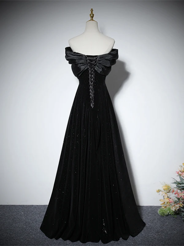 Elegante Schwarz Glanz Ballkleider 2024 A Linie Off Shoulder Ärmellos Rückenfreies Lange Ball Festliche Kleider