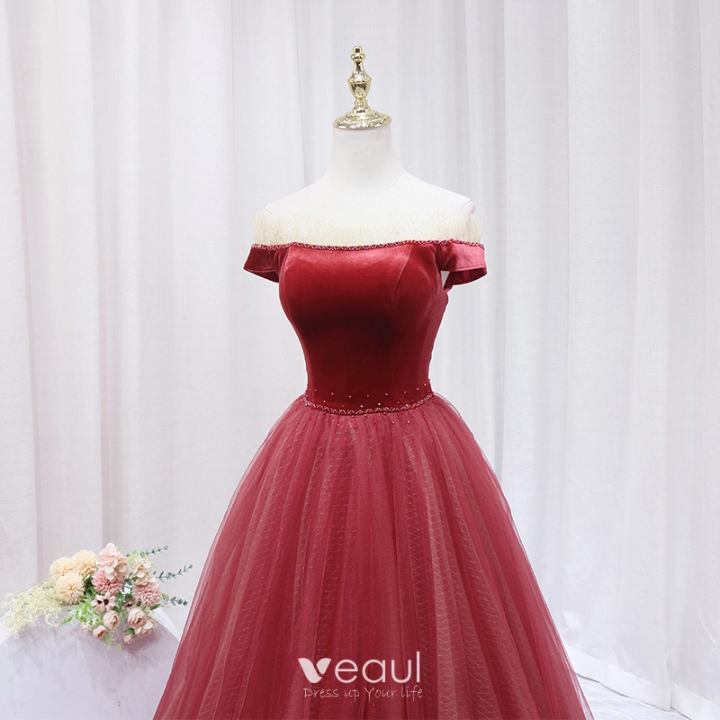 Chic / Beautiful Watermelon Beading Velvet Prom Dresses 2024 Ball Gown  Off-The-Shoulder Sleeveless Backless Floor-Length / Long Prom Formal Dresses