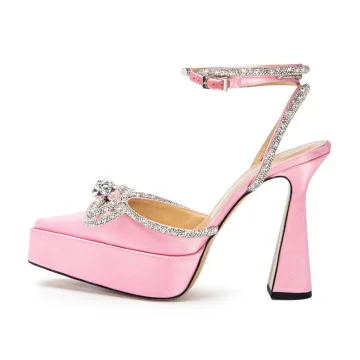 Piękne Rumieniąc Różowy Rhinestone Kokarda Z Paskiem Buty Ślubne 2022 11 Cm Szpilki Szpiczaste Ślub Wysokie Obcasy