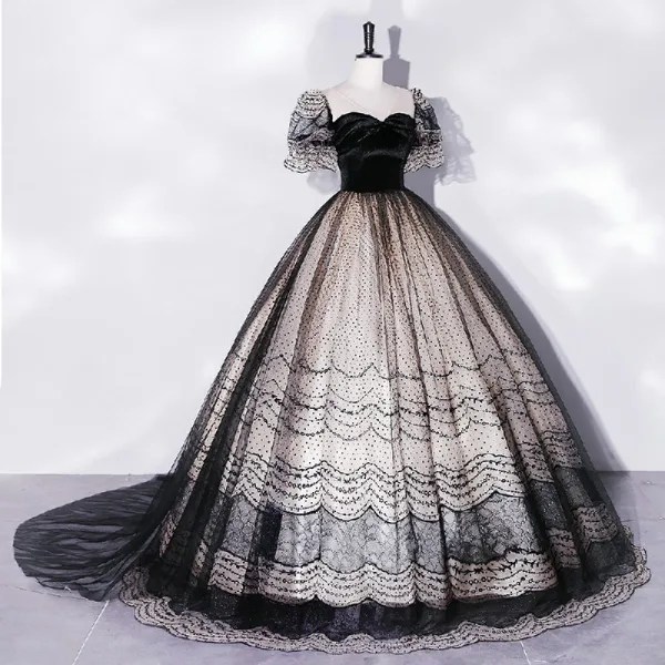 Élégant Noire Robe De Bal 2022 Robe Boule V-Cou Manches Courtes Dos Nu Longue Promo Robe De Ceremonie