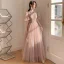 Chic / Beautiful Dusky Pink Pearl Rhinestone Sequins Bridesmaid Dresses 2022 A-Line / Princess Short Sleeve Backless Floor-Length / Long Bridesmaid