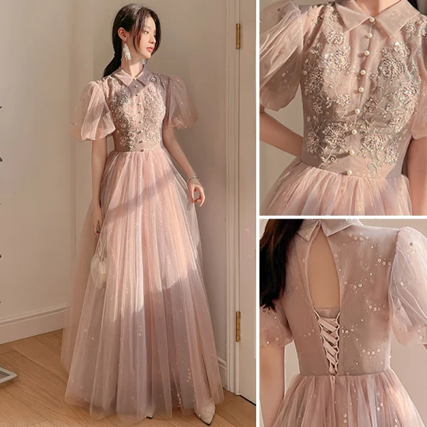Chic / Beautiful Dusky Pink Pearl Rhinestone Sequins Bridesmaid Dresses 2022 A-Line / Princess Short Sleeve Backless Floor-Length / Long Bridesmaid