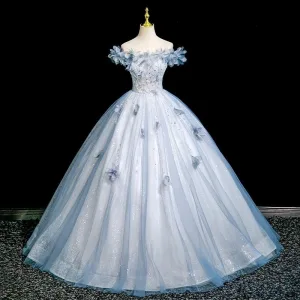 Bling Bling Sky Blue Beading Appliques Sequins Prom Dresses 2025 Ball Gown Off The Shoulder Short Sleeve Backless Floor Length Long Formal Dresses