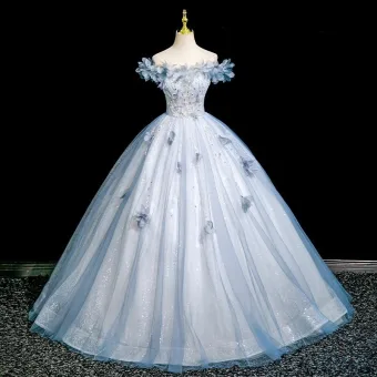 Bling Bling Bleu Ciel Perlage Appliques Paillettes Robe De Bal 2025 Robe Boule De L Épaule Manches Courtes Dos Nu Longue Robe De Ceremonie