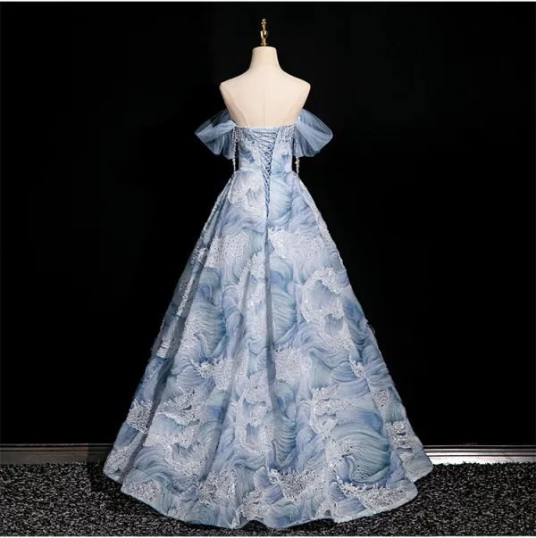 Elegant Sky Blue Beading Sequins Prom Dresses 2025 Ball Gown Off-The-Shoulder Short Sleeve Backless Floor-Length / Long Prom Formal Dresses