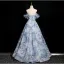 Elegant Sky Blue Beading Sequins Prom Dresses 2025 Ball Gown Off-The-Shoulder Short Sleeve Backless Floor-Length / Long Prom Formal Dresses