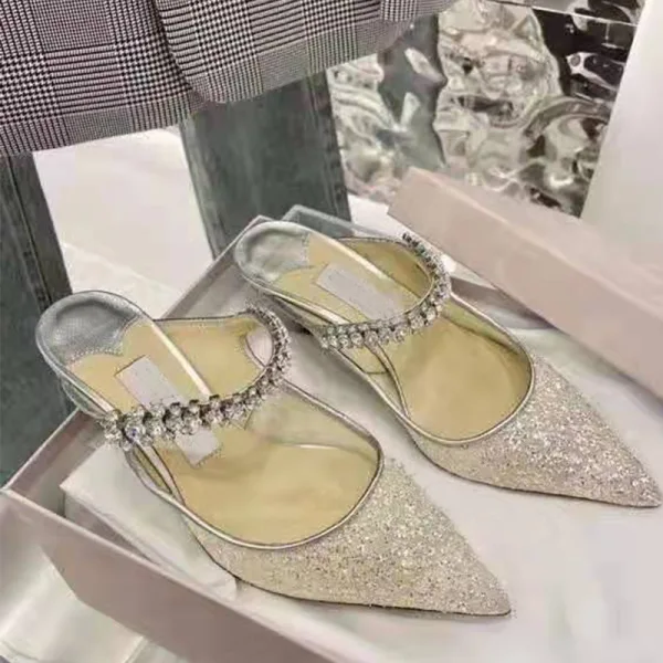 Charmant Silber Abend Strass Pailletten Sandalen Damen 2023 7 cm Stilettos Spitzschuh Sandaletten Hochhackige