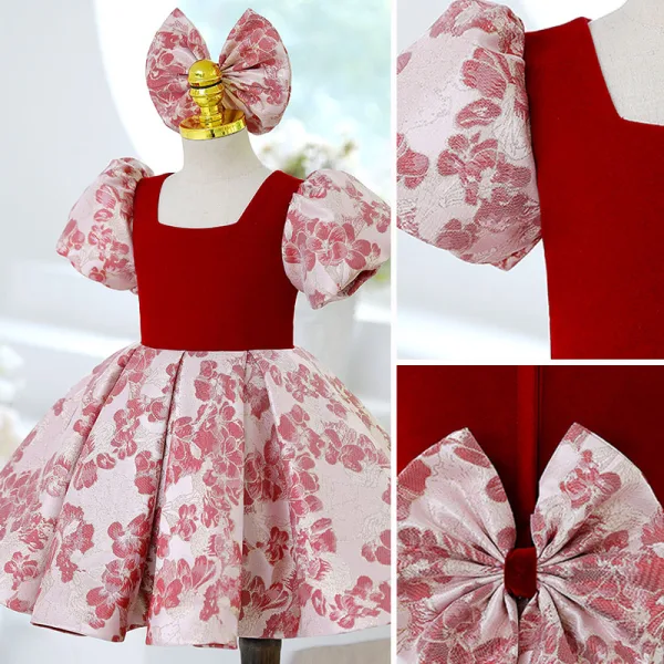 Elegant Burgundy Floral Short Flower Girl Dresses 2022 Ball Gown Square Neckline Short Sleeve Bow Flower Girl Dresses