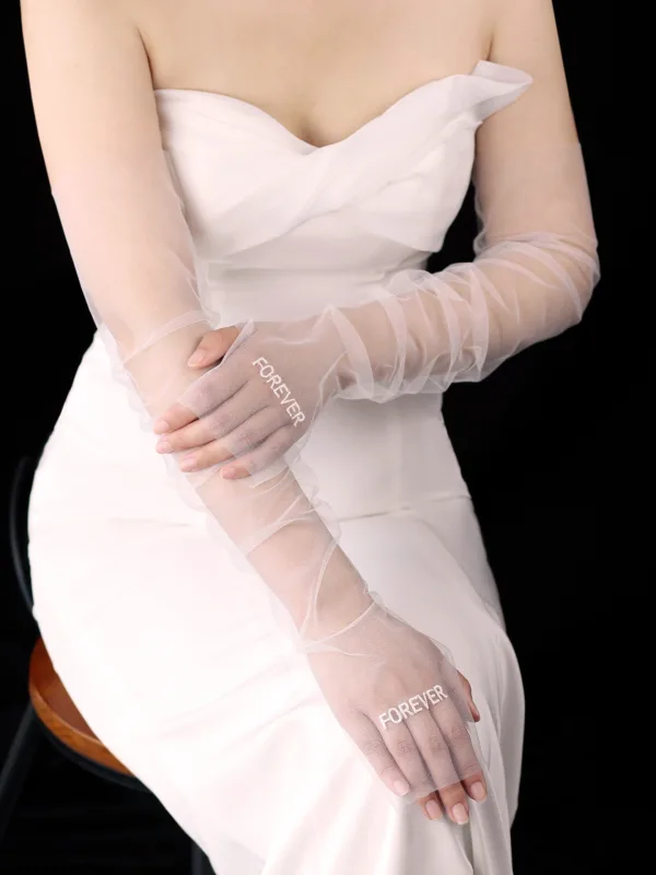 Elegant White Embroidered Letter Graphic Wedding Bridal Gloves 2025 Tulle