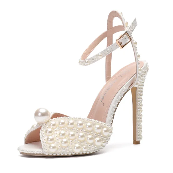 Sparkly Purple Pearl Evening Party Womens Sandals 2023 Ankle Strap 12 cm Stiletto Heels Open / Peep Toe Sandals High Heels