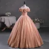 Sparkly Candy Pink Sequins Prom Dresses 2023 Ball Gown Scoop Neck Ruffle Short Sleeve Backless Floor-Length / Long Prom Formal Dresses